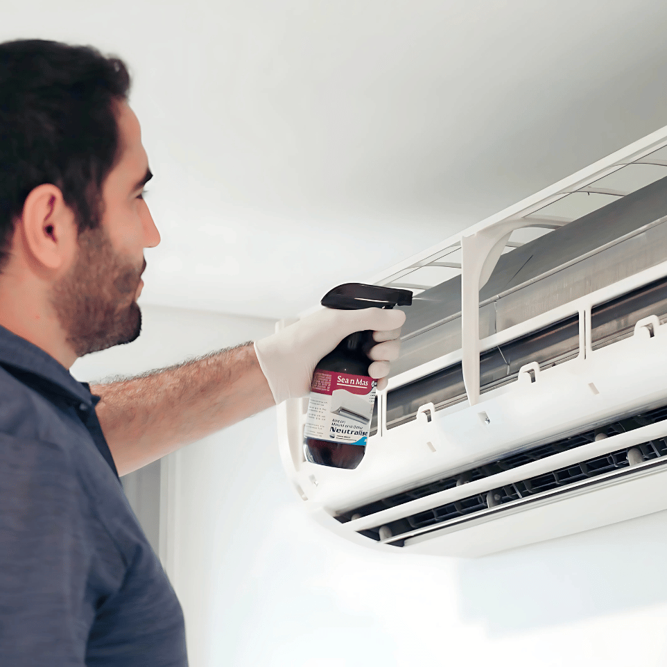 Technician applying cleaning treatment to a split system aircon